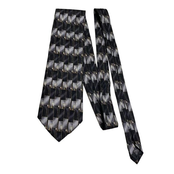 Vtg Oscar de la Renta Mens Necktie Tie Black Silver Gold Geometric Silk Designer - Picture 7 of 7